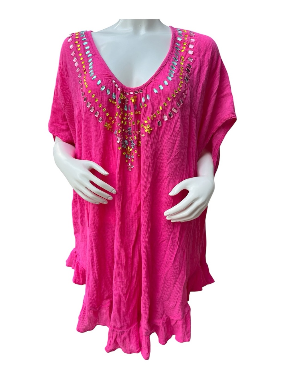 VTG SWIM 365 Sz PLUS 22/24 Tunic Cover Up Pink W/ Multicolor Rhinestones Kaftan